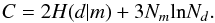 Mathematical equation: \begin{equation} C = 2 H(d|m) + 3 N_{m} \mathrm{ln} N_{d}. \label{eq:BIC} \end{equation}