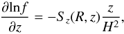 Mathematical equation: \begin{equation} \frac{\partial\mathrm{ln}f}{\partial z}=-S_z(R,z)\frac{z}{H^2}, \label{vertical equilibrium} \end{equation}