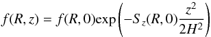 Mathematical equation: \begin{equation} f(R,z)= f(R,0)\mathrm{exp}\left(-S_z(R,0)\frac{z^2}{2H^2}\right) \end{equation}