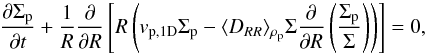 Mathematical equation: \begin{equation} \frac{\partial\Sigma_{\rm p}}{\partial t}+\frac{1}{R}\frac{\partial}{\partial R}\left[R\left(v_{\rm p,1D}\Sigma_{\rm p}-\langle D_{RR}\rangle_{\rho_{\rm p}}\Sigma\frac{\partial}{\partial R}\left(\frac{\Sigma_{\rm p}}{\Sigma}\right)\right)\right]=0, \label{continuity 1D} \end{equation}