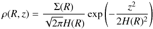Mathematical equation: \begin{equation} \rho(R,z)=\frac{\Sigma(R)}{\sqrt{2\pi}H(R)}\exp{\left(-\frac{z^2}{2H(R)^2}\right)} \label{density stratification} \end{equation}