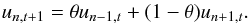 Mathematical equation: \begin{equation} u_{n,t+1}=\theta u_{n-1,t}+(1-\theta)u_{n+1,t}. \label{recurrence} \end{equation}