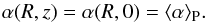 Mathematical equation: \begin{equation} \alpha(R,z)=\alpha(R,0)=\langle \alpha\rangle_{\rm P}. \end{equation}