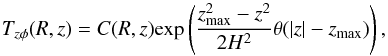 Mathematical equation: \begin{equation} T_{z\phi}(R,z)=C(R,z)\mathrm{exp}\left(\frac{z_{\rm max}^2-z^2}{2H^2}\theta(|z|-z_{\rm max})\right), \label{Tzphi smooth} \end{equation}