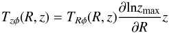 Mathematical equation: \begin{equation} T_{z\phi}(R,z)=T_{R\phi}(R,z)\frac{\partial\mathrm{ln}z_{\rm max}}{\partial R}z \label{Tzphi linear} \end{equation}