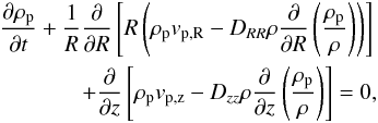 Mathematical equation: \begin{eqnarray} \frac{\partial\rho_{\rm p}}{\partial t}+\frac{1}{R}\frac{\partial}{\partial R}\left[R\left(\rho_{\rm p}v_{\rm p, R}-D_{RR}\rho\frac{\partial}{\partial R}\left(\frac{\rho_{\rm p}}{\rho}\right)\right)\right]\nonumber\\+\frac{\partial}{\partial z}\left[\rho_{\rm p}v_{\rm p, z}-D_{zz}\rho\frac{\partial}{\partial z}\left(\frac{\rho_{\rm p}}{\rho}\right)\right]=0, \label{continuity 2D} \end{eqnarray}