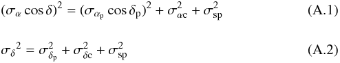 Mathematical equation: \appendix \setcounter{section}{1} \begin{eqnarray} &&(\sigma_{\alpha}\cos\delta)^2 = (\sigma_{\alpha_{\rm p}}\cos\delta_{\rm p})^2 + \sigma_{\alpha\rm c}^2 + \sigma_{\rm sp}^2 \label{error_alpha} \\[4mm] &&{\sigma_{\delta}}^2 = \sigma_{\delta_{\rm p}}^2 + \sigma_{\delta\rm c}^2 + \sigma_{\rm sp}^2 \label{error_delta} \end{eqnarray}