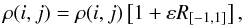 Mathematical equation: \begin{equation} \rho(i,j)=\rho(i,j) \left[1+\varepsilon R_{[-1,1]}\right], \label{eq:pert} \end{equation}