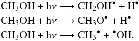 Mathematical equation: \begin{eqnarray*} &&\rm {CH_3OH} + h \nu \longrightarrow {CH_2OH}^\bullet + H^\bullet\\ &&\rm {CH_3OH} + h \nu \longrightarrow {CH_3O}^\bullet + H^\bullet\\ &&\rm {CH_3OH} + h \nu \longrightarrow {CH_3}^\bullet + {}^\bullet OH. \end{eqnarray*}