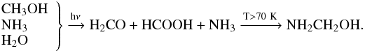 Mathematical equation: \begin{eqnarray*} \rm \left. \begin{array}{lll} \rm CH_3OH \\ \rm NH_3 \\ \rm H_2O \end{array} \right\} \rm \xrightarrow{\text{h}\nu} H_2CO+HCOOH+NH_3 \xrightarrow[\text{}]{T>70~K} NH_2CH_2OH.\\ \end{eqnarray*}