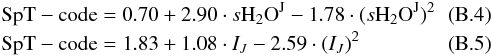 Mathematical equation: \appendix \setcounter{section}{2} \begin{eqnarray} &&{\rm SpT-code} = 0.70 + 2.90 \cdot s{\rm H_2O}^{\rm J} -1.78 \cdot (s{\rm H_2O}^{\rm J})^2\\ &&{\rm SpT-code} = 1.83 + 1.08 \cdot I_J - 2.59 \cdot (I_J)^2 \end{eqnarray}