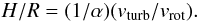Mathematical equation: \begin{equation} \label{eq:HtoR} {\it H/R} = (1/\alpha) (v_{\rm turb}/v_{\rm rot}). \end{equation}