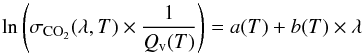 Mathematical equation: \begin{equation} \label{eq:formule} \ln \left(\sigma_{{\rm CO}_2}(\lambda,T) \times \frac{1}{Q_{\rm v}(T)}\right) = a(T) + b(T) \times \lambda \end{equation}