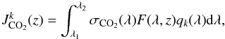 Mathematical equation: \begin{equation} J_{{\rm CO}_2}^k(z) = \int_{\lambda_1}^{\lambda_2} \sigma_{{\rm CO}_2}(\lambda) F(\lambda, z) q_k(\lambda) {\rm d} \lambda, \end{equation}