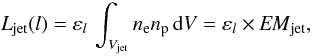 Mathematical equation: \begin{equation} L_{\rm jet}(l) = \varepsilon_{l}\,\int_{V_{\rm jet}}n_{\rm e}n_{\rm p}\,{\rm d}V = \varepsilon_{l}\times {\it EM}_{\rm jet}, \vspace{-2mm} \end{equation}