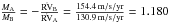 Mathematical equation: \hbox{$\frac{M_{{\rm A}}}{M_{{\rm B}}}=-\frac{\dot{\rm RV}_{{\rm B}}}{\dot{\rm RV}_{{\rm A}}}=\frac{154.4\,{\rm m/s/yr}}{130.9\,{\rm m/s/yr}}=1.180$}