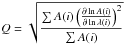 Mathematical equation: \hbox{${\displaystyle Q=\sqrt{\frac{\sum A(i)\left(\frac{\partial\ln A(i)}{\partial\ln\lambda(i)}\right)^{2}}{\sum A(i)}}}$}