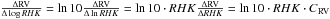 Mathematical equation: \hbox{$\frac{\Delta {\rm RV}}{\Delta\log RHK}=\ln10\frac{\Delta {\rm RV}}{\Delta\ln RHK}=\ln10\cdot RHK\frac{\Delta {\rm RV}}{\Delta RHK}=\ln10\cdot RHK\cdot C_{\rm {\rm RV}}$}