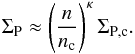 Mathematical equation: \begin{eqnarray} \Sigma_{\rm P} \approx \left(\frac{n}{n_{\rm c}}\right)^\kappa \Sigma_{\rm P,c} . \label{e_Sigma_P} \end{eqnarray}