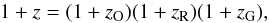 Mathematical equation: \begin{eqnarray*} 1+z = (1+z_{\rm O})(1+z_{\rm R})(1+z_{\rm G}) , \end{eqnarray*}