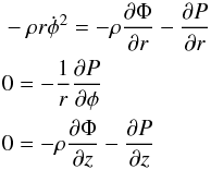 Mathematical equation: \begin{eqnarray} &&-\rho r {\dot {\phi }}^{2}= -\rho \frac{\partial\Phi }{\partial r} - \frac{\partial{P}}{\partial r} \nonumber\\ && 0= -\frac{1}{r}\frac{\partial{P}}{\partial \phi }\nonumber\\ && 0= -\rho \frac{\partial\Phi }{\partial z} - \frac{\partial{P}}{\partial z} \end{eqnarray}