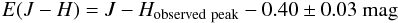 Mathematical equation: $$ E(J-H) = J-H_{\rm observed~peak} - 0.40 \pm 0.03~{\rm mag} $$