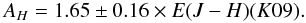 Mathematical equation: $$ A_H = 1.65 \pm 0.16 \times E(J-H) (K09). $$