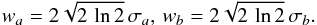 Mathematical equation: \begin{equation} w_a= 2 \sqrt{2 \, \ln 2} \, \sigma_a , \, w_b= 2 \sqrt{2 \, \ln 2} \, \sigma_b. \end{equation}