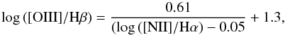 Mathematical equation: \begin{eqnarray*} \log\,([{\rm OIII}]/\rm H\beta)=\frac{0.61}{(\log\,([{\rm NII}]/H\alpha)-0.05}+1.3, \end{eqnarray*}