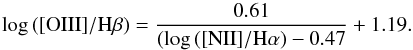 Mathematical equation: \begin{eqnarray*} \log\,([{\rm OIII}]/\rm H\beta)=\frac{0.61}{(\log\,([{\rm NII}]/\rm H\alpha)-0.47}+1.19. \end{eqnarray*}
