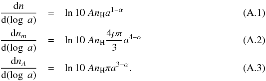 Mathematical equation: \appendix \setcounter{section}{1} \begin{eqnarray} \frac{{\rm d}n}{{\rm d}(\log \; a)} & = & \ln{10} \; A n_{\rm H} a^{1-\alpha} \\ \frac{{\rm d}n_m}{{\rm d}(\log \; a)} & = & \ln{10} \; A n_{\rm H} \frac{4 \rho \pi}{3}a^{4-\alpha} \\ \frac{{\rm d}n_A}{{\rm d}(\log \; a)} & = & \ln{10} \; A n_{\rm H} \pi a^{3-\alpha}. \end{eqnarray}