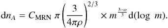 Mathematical equation: \appendix \setcounter{section}{1} \begin{equation} {\rm d}n_A = C_{\rm MRN} \; \pi \left( \frac{3}{4\pi\rho} \right)^{2/3} \times m^{\frac{3-\alpha}{3}} {\rm d}(\log \; m).\vspace*{2mm} \end{equation}