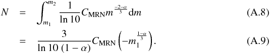 Mathematical equation: \appendix \setcounter{section}{1} \begin{eqnarray} N & = & \int_{m_1}^{m_2} \frac{1}{\ln{10}} C_{\rm MRN} m^{\frac{-2-\alpha}{3}} {\rm d}m \\ & = & \frac{3}{\ln{10} \; (1-\alpha)} C_{\rm MRN} \left( - m_1^{\frac{1-\alpha}{3}}\right). \end{eqnarray}