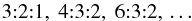 Mathematical equation: \begin{equation} 3{:}2{:}1,\ 4{:}3{:}2,\ 6{:}3{:}2,\,\dots \end{equation}