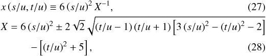 Mathematical equation: \begin{eqnarray} &&x\left(s/u,t/u\right)\equiv 6\left(s/u\right)^2{X}^{-1} ,\\ &&X=6 \left(s/u\right)^2\pm 2 \sqrt{2} \sqrt{\left(t/u-1\right) \left(t/u+1\right) \left[3 \left(s/u\right)^2-\left(t/u\right)^2-2 \right]}\nonumber\\ &&\hspace*{10mm}- \left[\left(t/u\right)^2+5\right] , \end{eqnarray}