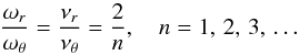 Mathematical equation: \begin{equation} \label{Equation6} {\frac{\omega_{r}} {\omega_{\theta}}} = {\frac{\nu_{r}} {\nu_{\theta}}} = {\frac{2} {n}}, ~~~~n =1, \,2, \,3,\,\dots \end{equation}