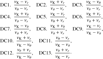 Mathematical equation: \appendix \setcounter{section}{3} \begin{eqnarray*} &&{\rm DC1.}~~ \displaystyle \frac{\nu_{\mathrm{K}}-\nu_{r}}{\nu_{\theta}-\nu_{r}},\quad {\rm DC2.}~~ \displaystyle \frac{\nu_{\mathrm{K}}+\nu_{r}}{\nu_{\theta}-\nu_{r}},\quad {\rm DC3.}~~ \displaystyle \frac{\nu_{\mathrm{K}}-\nu_{\theta}}{\nu_{\theta}-\nu_{r}}, \\ &&{\rm DC4.}~~ \displaystyle \frac{\nu_{\mathrm{K}}+\nu_{\theta}}{\nu_{\theta}-\nu_{r}},\quad {\rm DC5.}~~ \displaystyle \frac{\nu_{\mathrm{K}}-\nu_{r}}{\nu_{\theta}+\nu_{r}},\quad {\rm DC6.}~~ \displaystyle \frac{\nu_{\mathrm{K}}+\nu_{r}}{\nu_{\theta}+\nu_{r}}, \\ &&{\rm DC7.}~~ \displaystyle \frac{\nu_{\mathrm{K}}-\nu_{\theta}}{\nu_{\theta}+\nu_{r}},\quad {\rm DC8.}~~ \displaystyle \frac{\nu_{\mathrm{K}}+\nu_{\theta}}{\nu_{\theta}+\nu_{r}},\quad {\rm DC9.}~~ \displaystyle \frac{\nu_{\mathrm{K}}-\nu_{r}}{\nu_{\mathrm{K}}-\nu_{\theta}}, \\ &&{\rm DC10.}~~ \displaystyle \frac{\nu_{\mathrm{K}}+\nu_{r}}{\nu_{\mathrm{K}}-\nu_{\theta}},\quad {\rm DC11.}~~ \displaystyle \frac{\nu_{\theta}-\nu_{r}}{\nu_{\mathrm{K}}-\nu_{\theta}}, \\ &&{\rm DC12.}~~ \displaystyle \frac{\nu_{\theta}+\nu_{r}}{\nu_{\mathrm{K}}-\nu_{\theta}},\quad {\rm DC13.}~~ \displaystyle \frac{\nu_{\theta}+\nu_{r}}{\nu_{\mathrm{K}}-\nu_{r}}\cdot \end{eqnarray*}