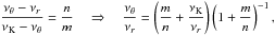 Mathematical equation: \hbox{$\displaystyle \frac{\nu_{\theta}-\nu_{r}}{\nu_{\mathrm{K}}-\nu_{\theta}}=\frac{n}{m} \quad \Rightarrow \quad \frac{\nu_{\theta}}{\nu_{r}}=\left(\frac{m}{n}+\frac{\nu_{\mathrm{K}}}{\nu_{r}}\right) \left(1 + \frac{m}{n}\right)^{-1},$}