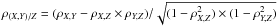 Mathematical equation: \hbox{$\rho_{(X,Y)/Z} = (\rho_{X,Y} - \rho_{X,Z} \times \rho_{Y,Z}) /\sqrt{(1- \rho_{X,Z}^2) \times (1- \rho_{Y,Z}^2)}$}