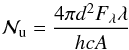 Mathematical equation: \begin{equation} \label{rot2} \mathcal{N}_\mathrm{u}=\frac{4\pi d^{2}F_{\lambda}\lambda}{hcA} \end{equation}
