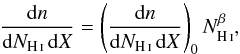 Mathematical equation: \begin{equation} \frac{\dif n}{\dif N_\ion{H}{i} \, \dif X} = \left( \frac{\dif n}{\dif N_\ion{H}{i} \, \dif X} \right)_0 N_\ion{H}{i}^{\beta}, \end{equation}