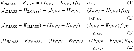 Mathematical equation: \begin{eqnarray} &&K_{\rm 2MASS}-K_{\rm VVV} = (J_{\rm VVV} - K_{\rm VVV})\ \beta_K + \alpha_K , \\ &&(J_{\rm 2MASS}-H_{\rm 2MASS})-(J_{\rm VVV}-H_{\rm VVV}) = (J_{\rm VVV} - H_{\rm VVV})\ \beta_{JH} \nonumber \\ &&\ \ \ \ \ \ \ \ \ \ \ \ \ \ \ \ \ \ \ \ \ \ \ \ \ \ \ \ \ \ \ \ \ \ \ \ \ \ \ \ \ \ \ \ \ \ \ \ \ \ \ \ \ \ \ \ \ \ \ \ \ \ \,\,\,\, + \alpha_{JH} ,\\ &&(J_{\rm 2MASS}-K_{\rm 2MASS})-(J_{\rm VVV}-K_{\rm VVV}) = (J_{\rm VVV} - K_{\rm VVV})\ \beta_{JK} \nonumber \\ &&\ \ \ \ \ \ \ \ \ \ \ \ \ \ \ \ \ \ \ \ \ \ \ \ \ \ \ \ \ \ \ \ \ \ \ \ \ \ \ \ \ \ \ \ \ \ \ \ \ \ \ \ \ \ \ \ \ \ \ \ \ \ \ \,\,\,\, + \alpha_{JK} ,\\ &&(H_{\rm 2MASS}-K_{\rm 2MASS})-(H_{\rm VVV}-K_{\rm VVV}) = (H_{\rm VVV} - K_{\rm VVV})\ \beta_{HK} \nonumber \\ &&\ \ \ \ \ \ \ \ \ \ \ \ \ \ \ \ \ \ \ \ \ \ \ \ \ \ \ \ \ \ \ \ \ \ \ \ \ \ \ \ \ \ \ \ \ \ \ \ \ \ \ \ \ \ \ \ \ \ \ \ \ \ \ \,\,\,\, + \alpha_{HK}\cdot \end{eqnarray}