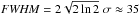 Mathematical equation: \hbox{${\it FWHM} = 2\sqrt{2 \ln 2 }\;\sigma \approx 35$}
