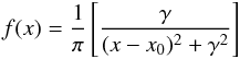 Mathematical equation: \begin{eqnarray} \label{eq:cauchy} f(x) = { 1 \over \pi } \left[ { \gamma \over (x - x_0)^2 + \gamma^2 } \right] \end{eqnarray}
