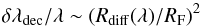 Mathematical equation: \begin{equation} \delta\lambda_{\rm dec} /\lambda \sim ( R_{\rm diff}(\lambda)/R_{\rm F})^2 \end{equation}