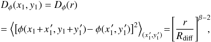 Mathematical equation: \begin{eqnarray} &&D_\phi(x_1,y_1)= D_\phi(r) \nonumber \\ &&=\left\langle\left[ \phi(x_1\!+\!x_1^{\,\prime},y_1\!+\!y_1^{\,\prime})\!- \phi(x_1^{\,\prime},y_1^{\,\prime})\right]^2\right\rangle_{(x_1^{\,\prime},y_1^{\,\prime})}\!=\! \left[\frac{r}{R_{\rm diff}}\right]^{\beta-2}\!\!\!, \label{dphi} \end{eqnarray}