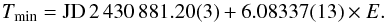Mathematical equation: \begin{equation} T_\mathrm{min} = \mathrm{JD}\,2\,430\,881.20(3) + 6.08337(13)\times E. \end{equation}