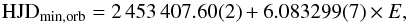 Mathematical equation: \begin{equation} {\rm HJD}_\mathrm{min,orb}= 2\,453\,407.60(2)+6.083299(7)\times E, \end{equation}