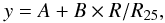 Mathematical equation: \begin{equation} \label{ eq:gradient} y = A + B \times R/R_{25}, \end{equation}