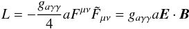 Mathematical equation: \begin{equation} L = -{g_{a\gamma\gamma}\over 4}aF^{\mu\nu}\tilde F_{\mu\nu} = g_{a\gamma\gamma}a{\vec E}\cdot {\vec B} \end{equation}